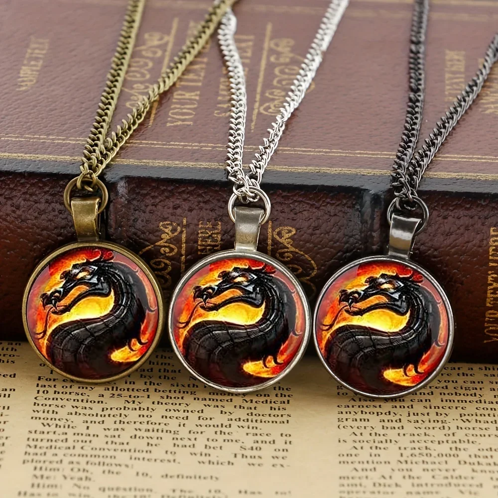 1pc Fashion Dragon Pendant Necklace, Mortal Kombat Pendants Glass Dome Jewelry Accessories For Men