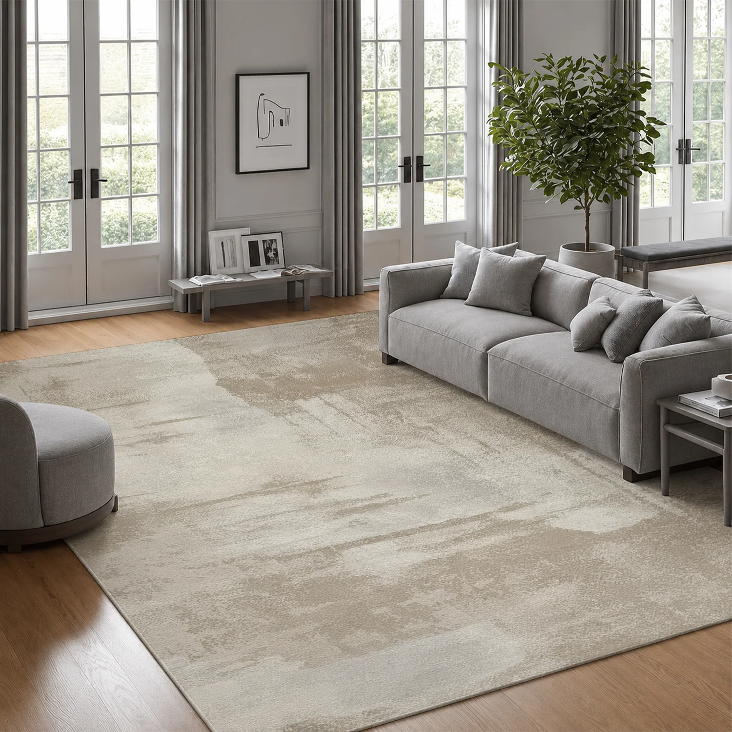 Large Indoor Area Rug Soft Velvet Low Pile Non-slip Dotted Backing Machine Washable Modern Abstract Beige Gray Distressed Rug For Living Room Bedroom Home Decor