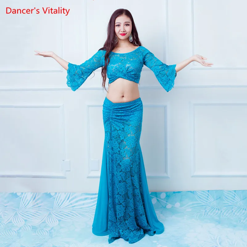 Belly Dance Lace Suit Female Adult Elegant Top Practice Clothes Set Shirt Long Skirt Competition Performance Clothing