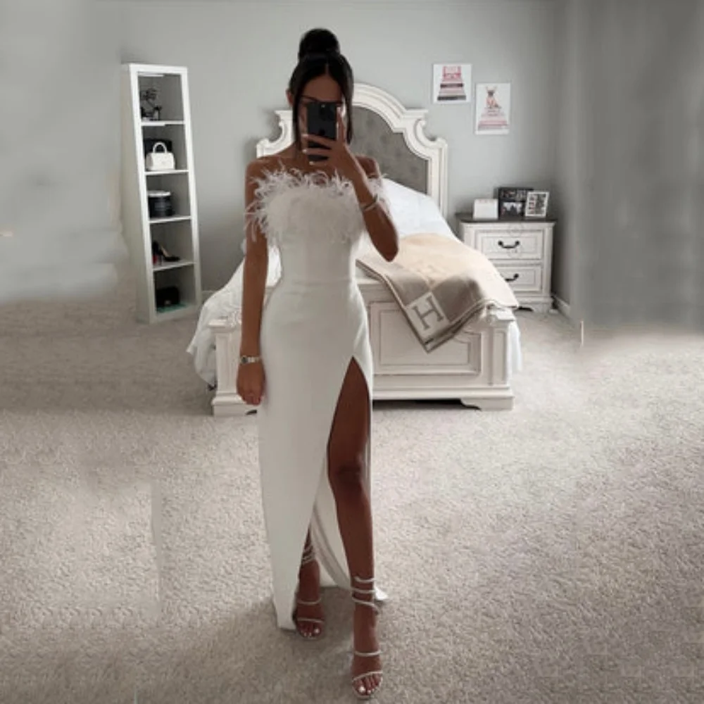 

Sexy Straight Prom Dresses Simple Customized Strapless Feather Party Dresses High Split New Evening Dresses Vestido De Novia