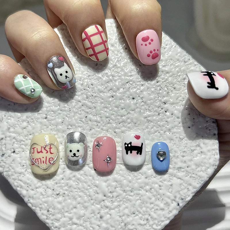 10 Pieces Summer Cozy Cute Handmade Press On Nails Cat and Dog Pink Paws Diamond Encrusted Bear Fake Nails Wearable Reusable