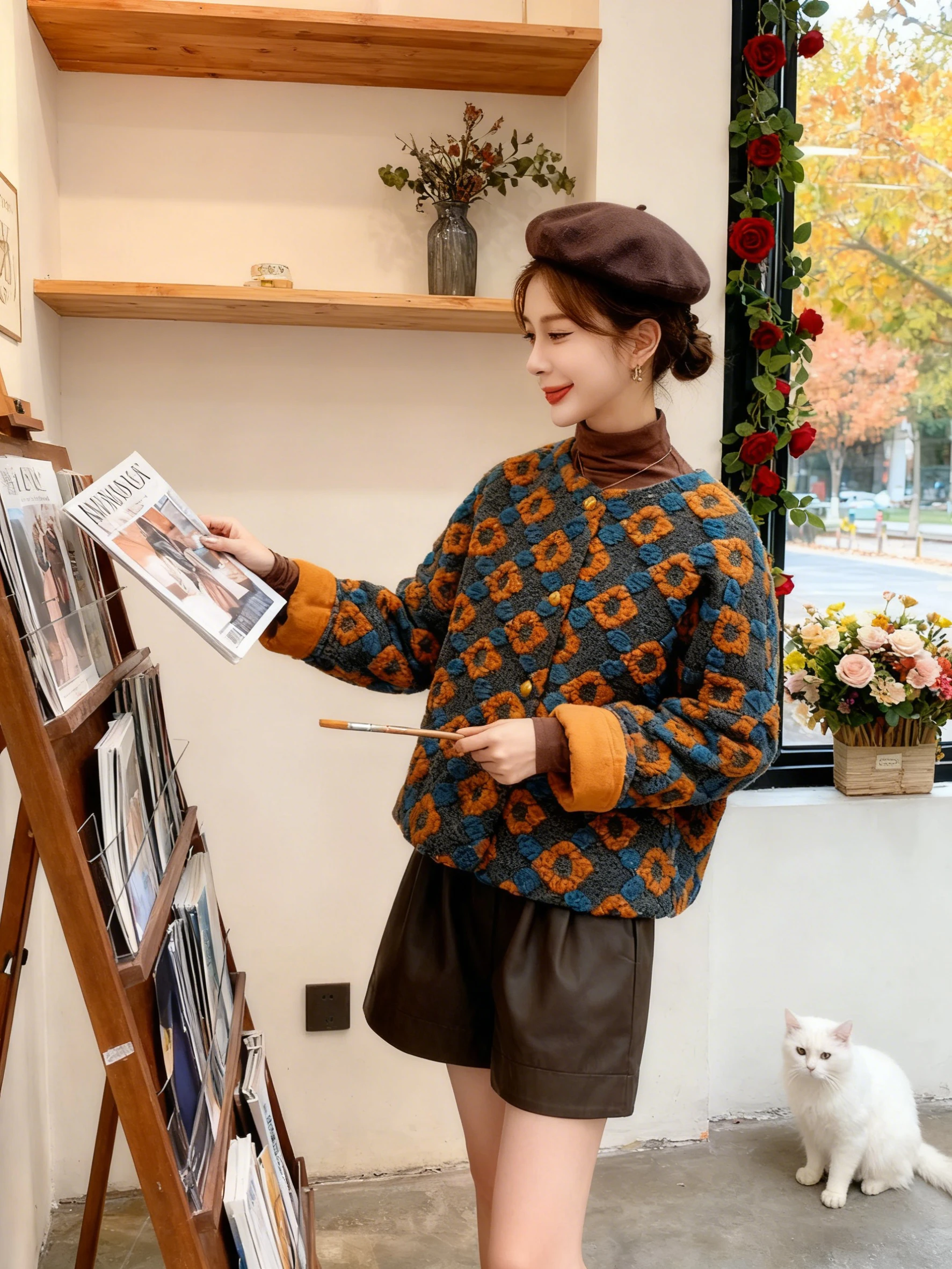 

Корейское теплое короткое пальто для женщин, осенне-зимнее, свободного кроя, модное, элегантное, с цветочным 3D-принтом, с длинными рукавами