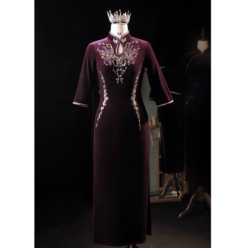 

Ele Long Purple Qipao Wedding Dr for Mother of the Bride Autumn Winter High End Ceremony Ele Low Slit Design