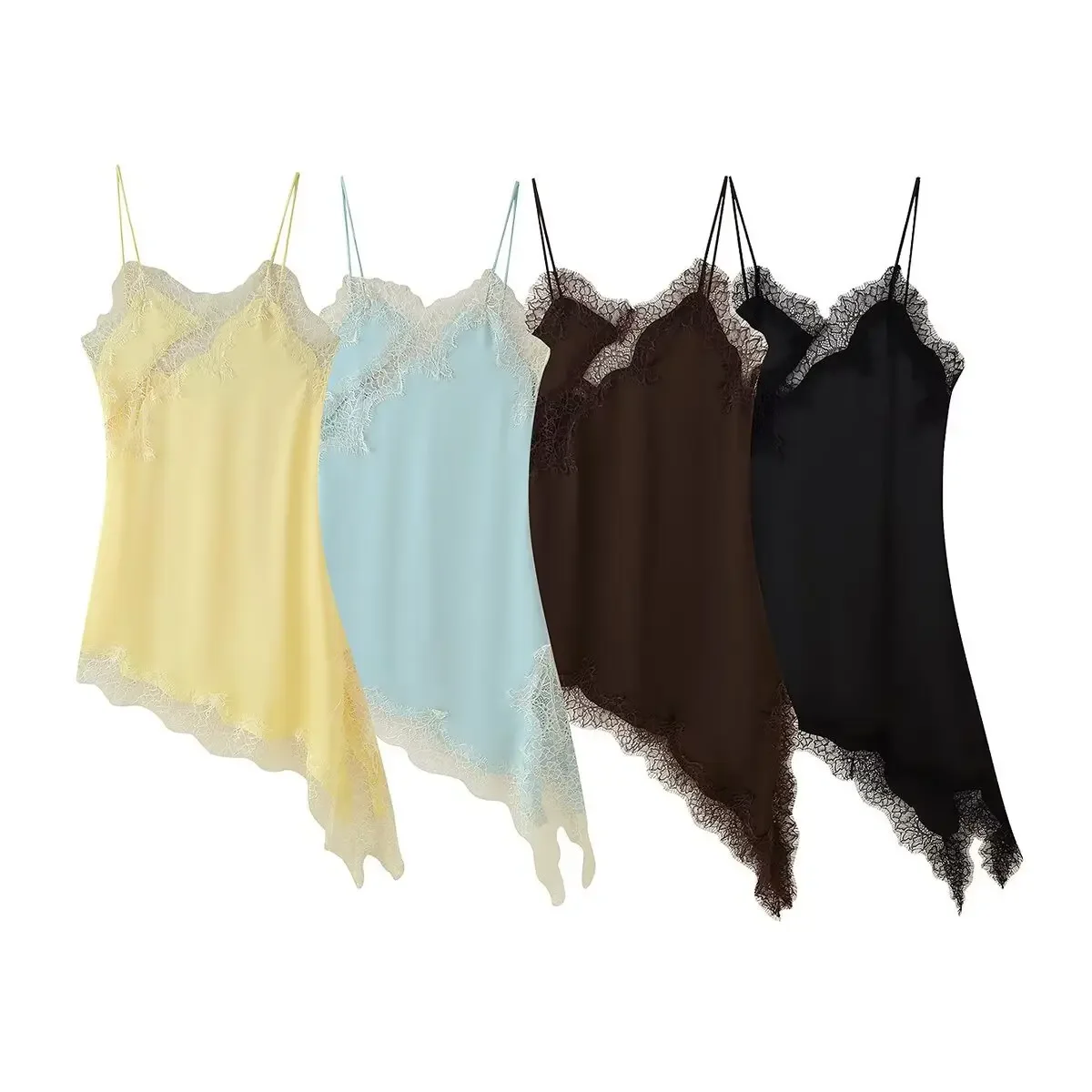 

Fashion Asymmetric Dresses Sexy Slim Female Stain Dress Summer Women V-Neck Sleeveless Backless Lace Camisole Dress