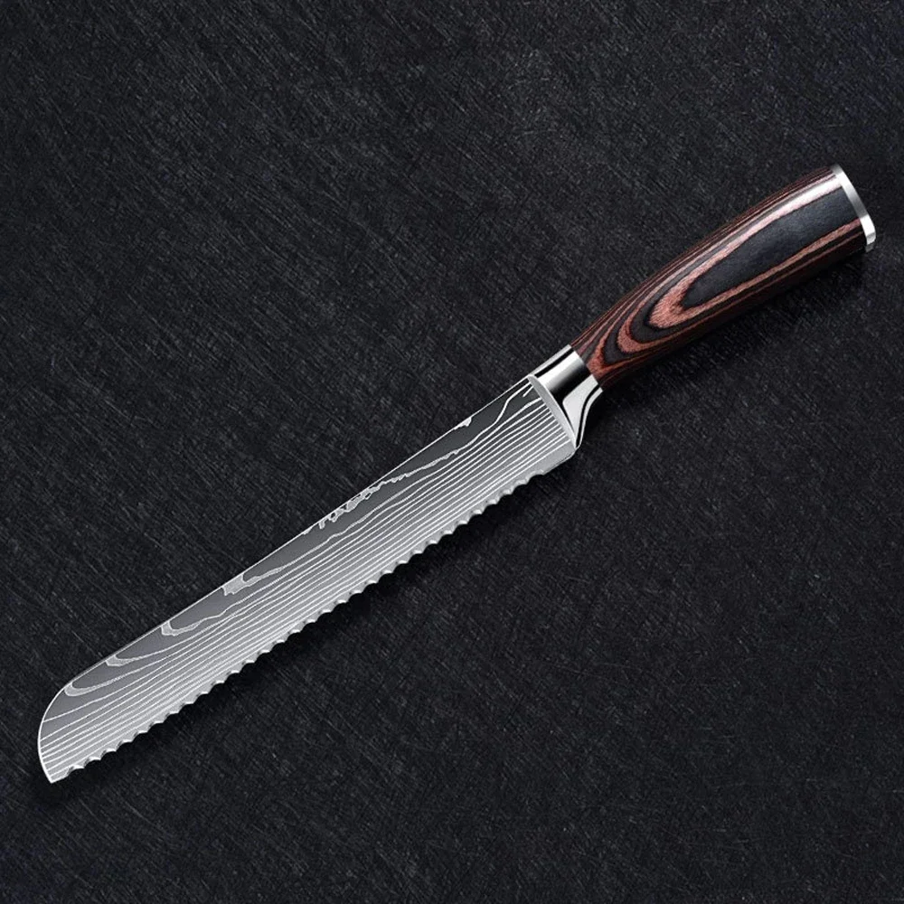 Laser Damascus Bread Knife Cheesecake Knife Stainless Steel Toast Slicing Knife Professional Kitchen Chef Knife