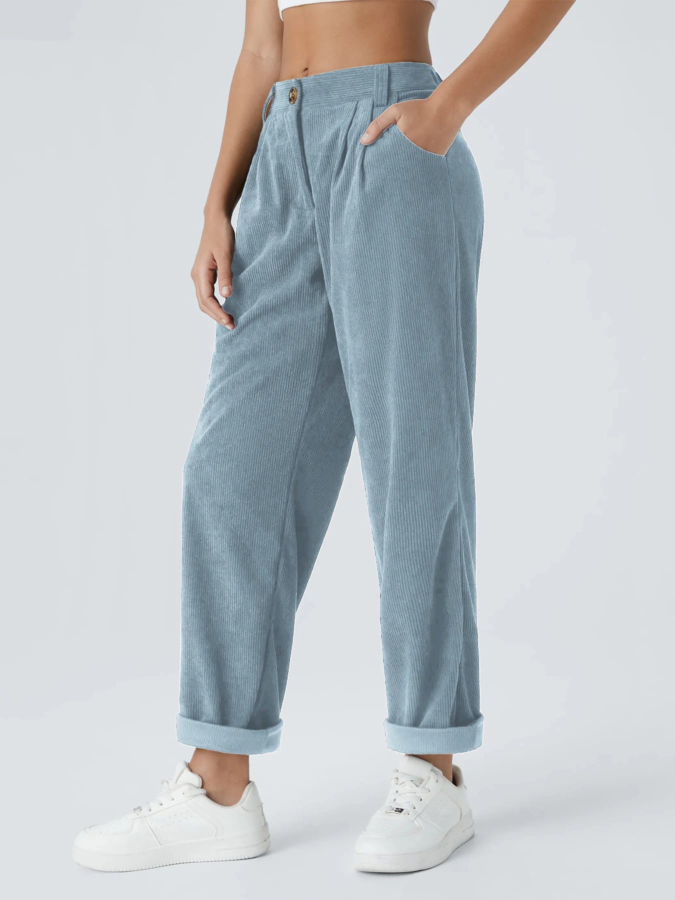 Neue Herbst- und Winter-Freizeitanzüge für Damen in Unifarben aus Cord mit weitem Bein und geraden, samtartigen Hosen, die schlank aussehen – Detail 16