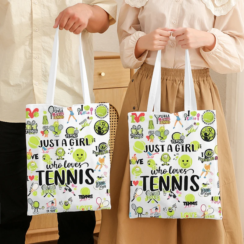 Just A Girl Who Loves Tennis Print Canvas Tote Bag Tennis Sport Pattern Reusable Shopping Handbag Casual Shoulder Gift Bag