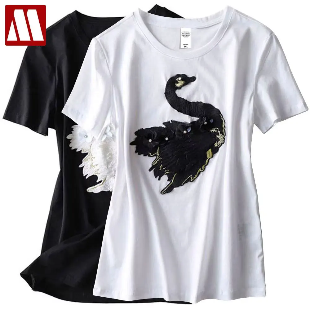 

Fashion Cute Swan Embroidery T Shirt For Women Brand Cotton T-shirt Casual Loose Short Sleeve O Neck Tees Female Swan Animal Top