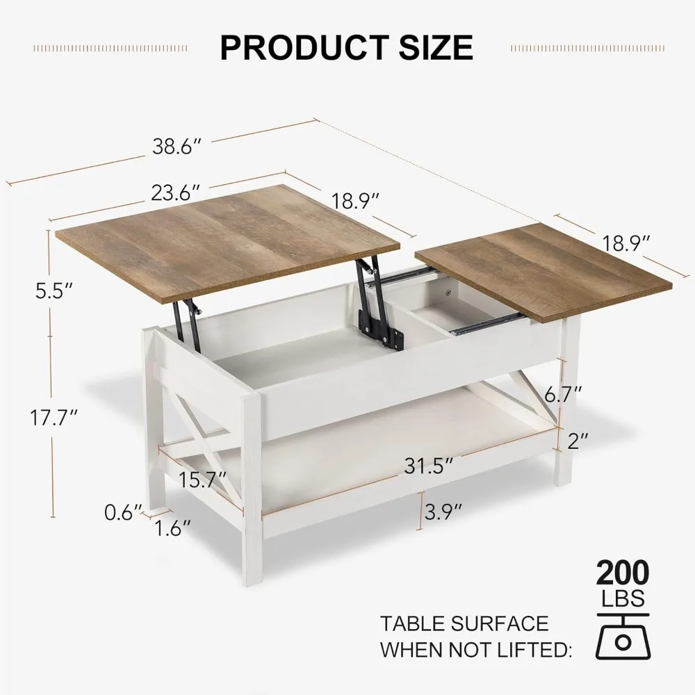 Lift Top Coffee Table with Storage, 39" Wooden Table for Lifting Top with Hidden Compartment, X Design Coffee Table for Living &