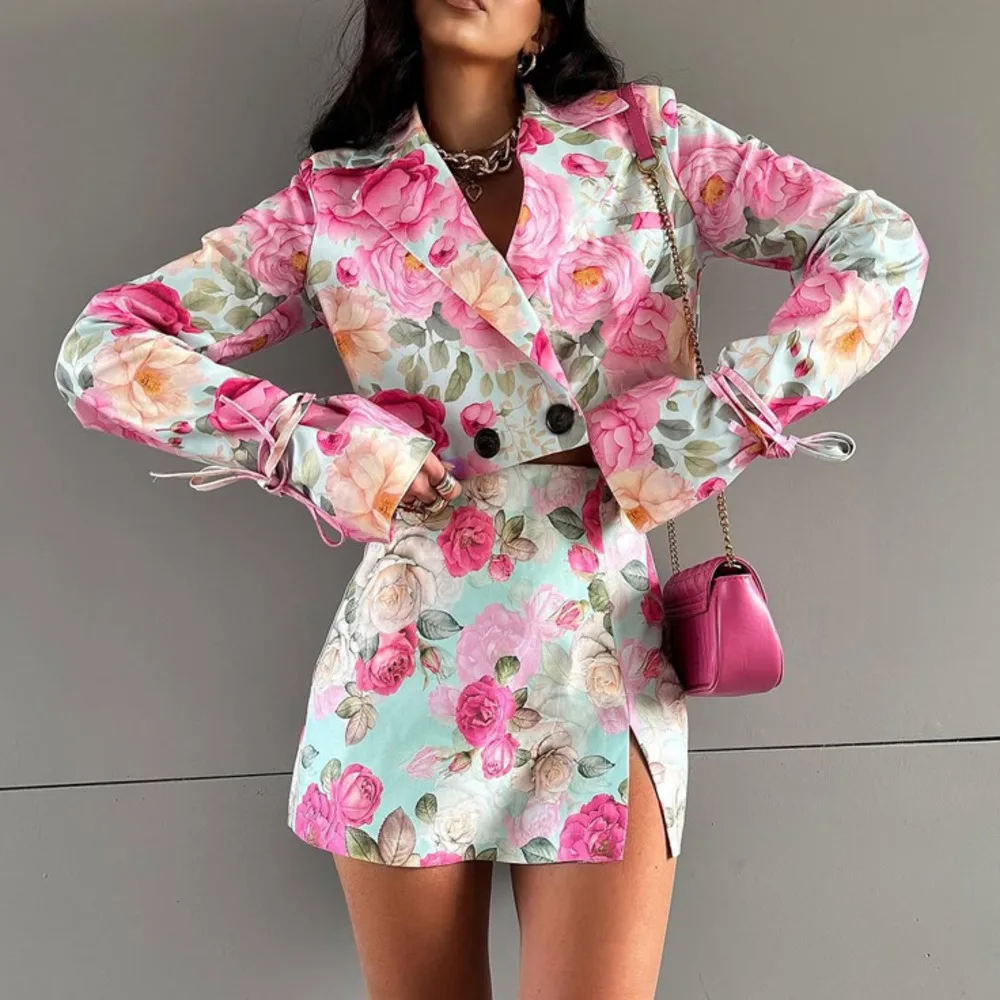 

Blifanbo Autumn Flower Print Tops And Mini Skirt Two-Piece Set For Women Long Sleeve Slim Tops Elegant Sexy Skirt Matching Sets
