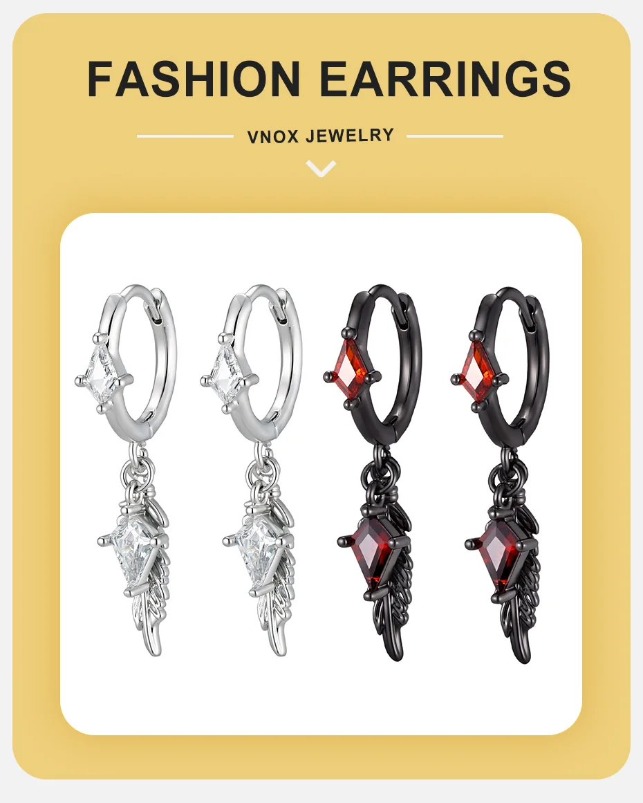 Vnox Gothic Flügel-Hängeohrringe für Männer, Kupfer-Feder-Rhombus Rot Klarer Zirkon Huggie-Ohrringe Punk Hip-Hop Schmuck Geschenk – Detail 1