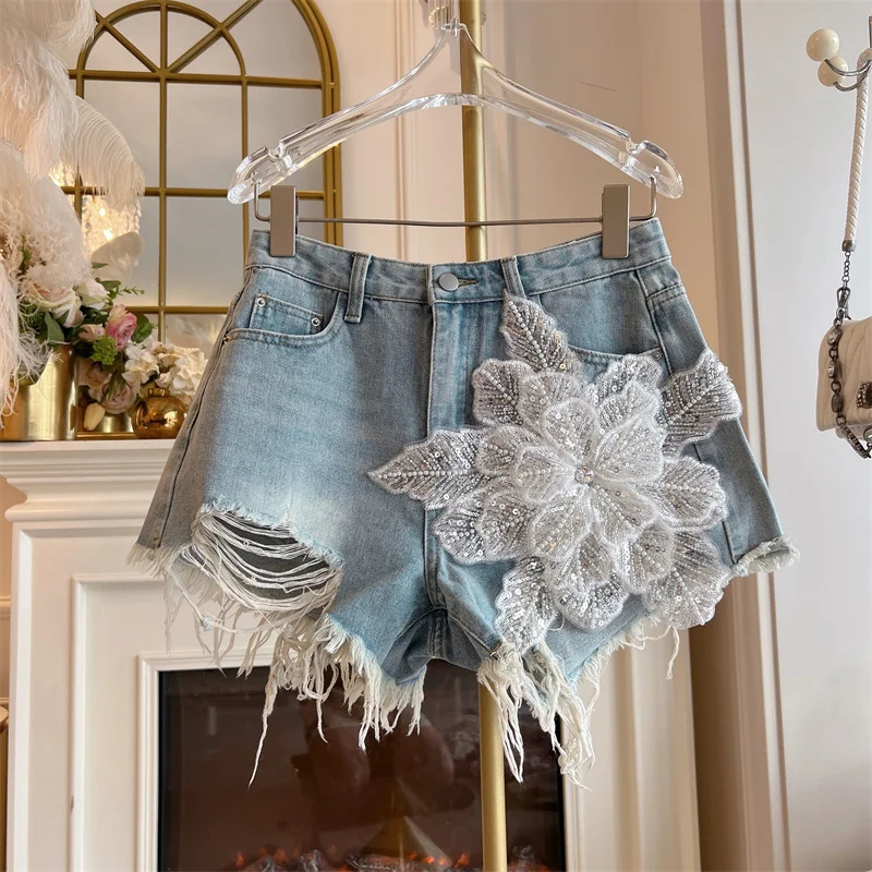 Sommer Mode Perlen Blumen Denim Shorts Frauen Streetwear Retro Quaste Hohe Taille Shorts Würzige Mädchen Lose Raw Rand Kurze