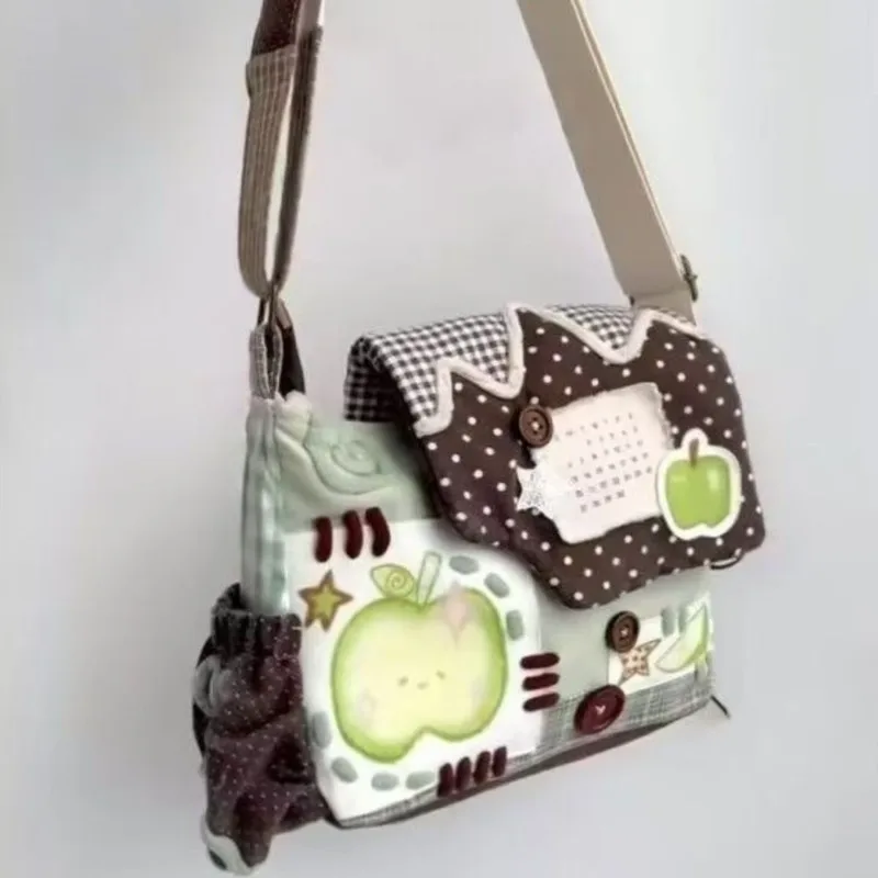 Retro Harajuku Apple Canvas Bag Women Polka Dot Plaid Patchwork Large Capacity Flap Crossbody Bag Ladies Sweet Cute Shoulder Bag