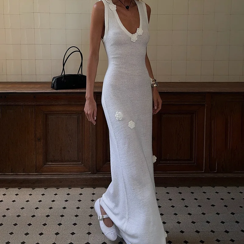 Elegant Knit Ribbed 3D Flower Long Dress Women Slim Lapel Flare Sleeve Pockets Female Dresses Female Lady Solid White Holiday Ro