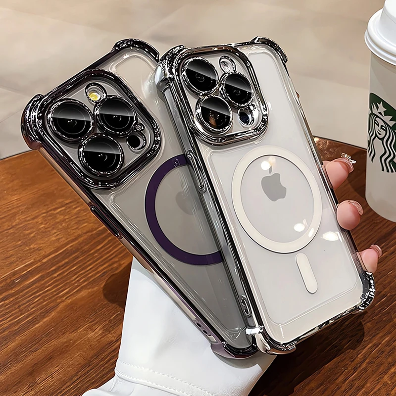 حافظة شحن لاسلكية مغناطيسية فاخرة مضادة للصدمات لهاتف Magsafe لهاتف iPhone 16 15 14 13 12 Pro Max غطاء مدرع مقاوم للصدمات