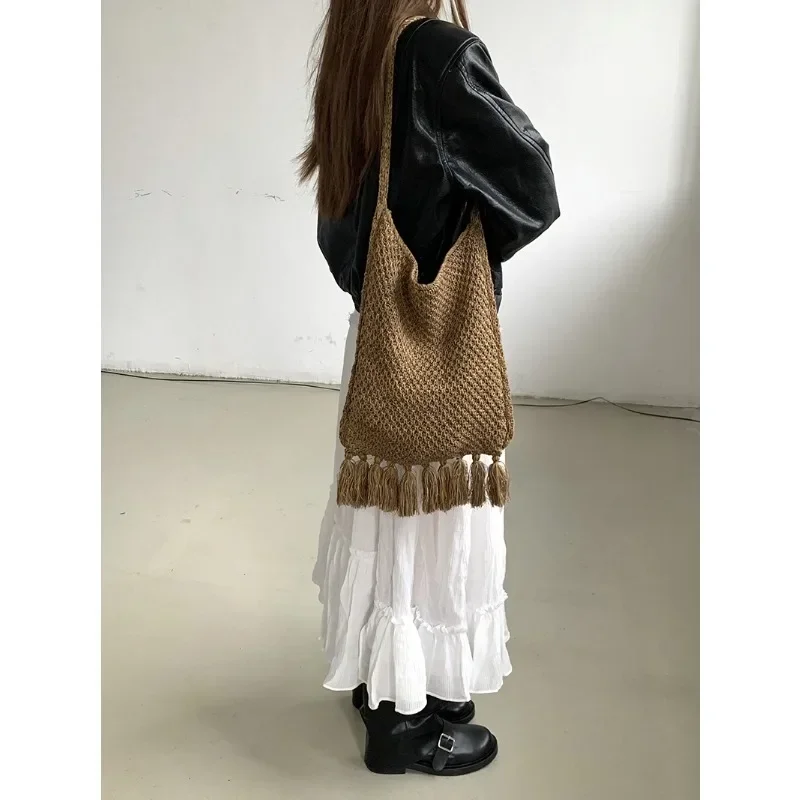 Niche Retro Knitted Cotton and Linen Shoulder Handbag Wool Large Capacity Tote Cross-body Bag for Women 2023