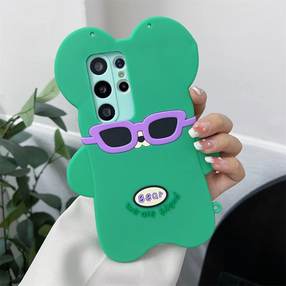 

Y2K Cool Sunglasses Bear Bead Chain Phone Case for 17 Pro Max Crossbody Strap Silicone Protective Cover for iPhone 16 15 14 13