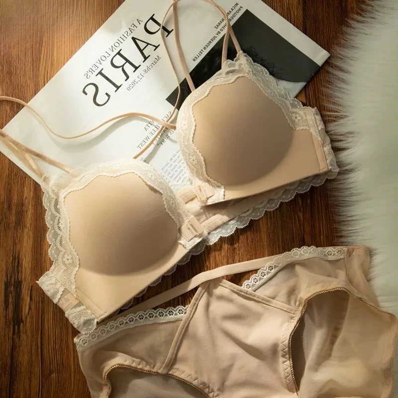 Sexy Thin Strap Wirefree Front Hook Bra Women Small Bust Gathered Side Support Anti Sag Beautiful Back Daily Brassiere 32-38 Set