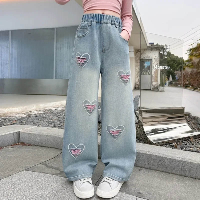 Girls Loose Wide-leg Jeans Trousers Children Fashion Heart Ripped Straight Denim Pants Spring Autumn Casual Clothing 5-12 Years
