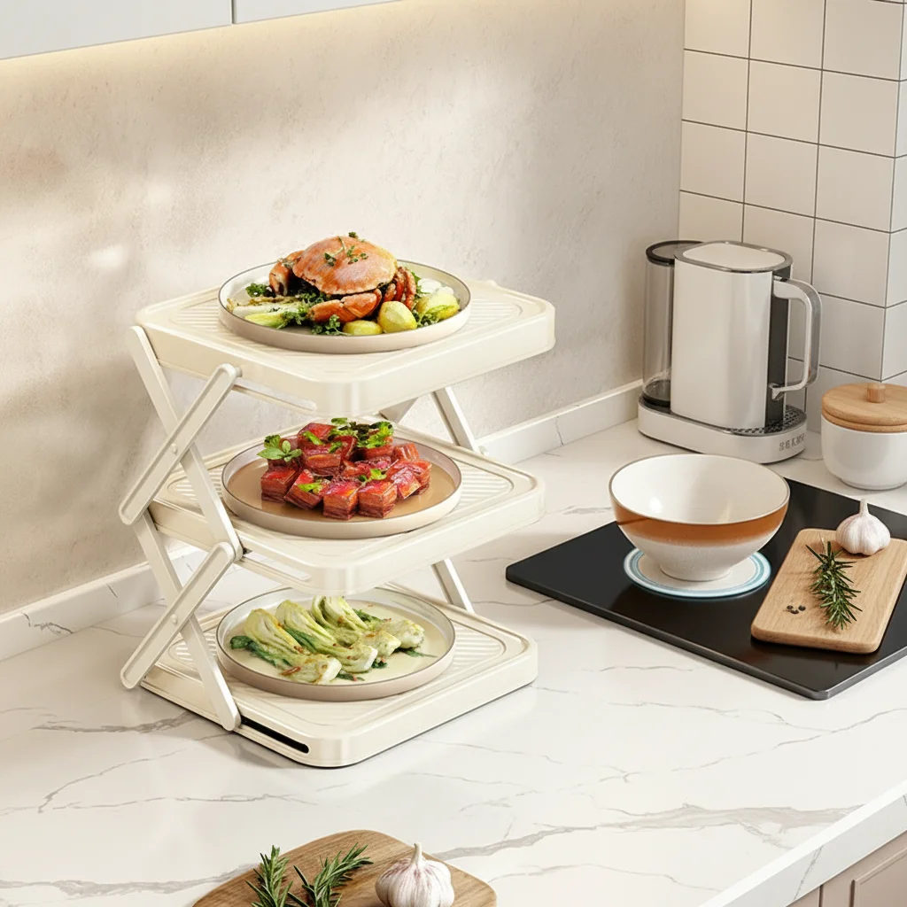 3-Tier Foldable Kitchen Rack Carbon Steel Organizer Space Saving Shelf for Meal Prep Hot Pot Ingredients Durable Sturdy