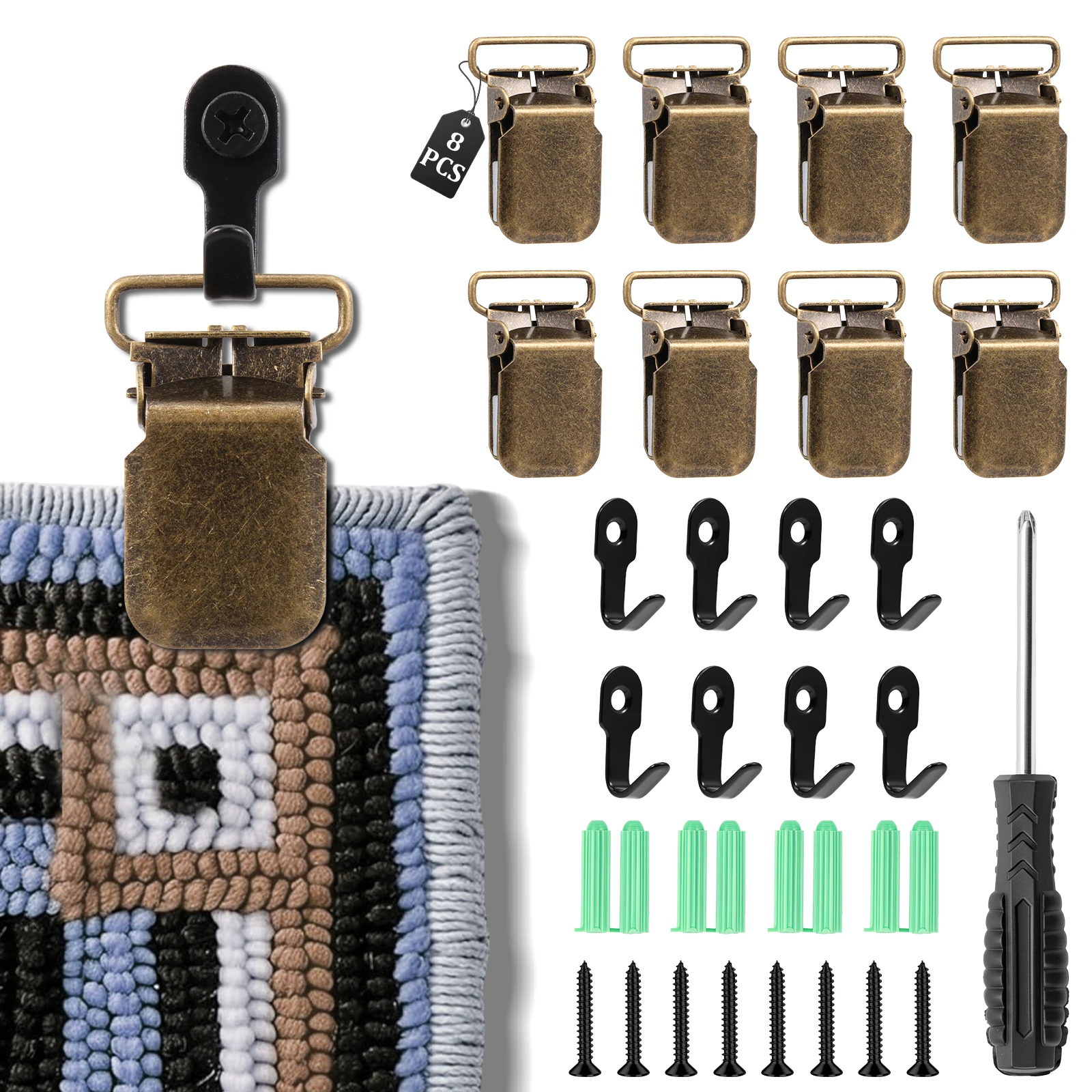 Tapestry Hanger Clips 8PCS Metal Quilt Rug Wall Hanging Clamps Hooks Screws Anchors Kit 20lb Per Clip For Blanket Fabric Decor