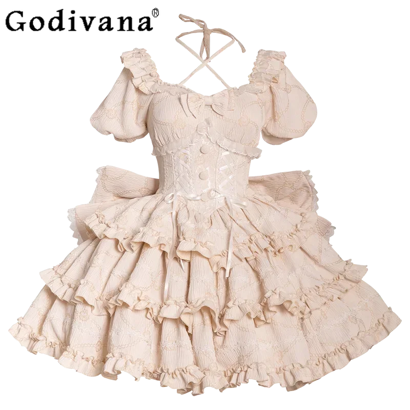 

Summer New Removable Big Bow Lolita Princess Dress Short Sleeve Ruffles A-line Solid Color High Waist Girl Japanese Cake Dresses