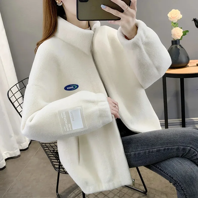 Imitation Lamb Fur Coat Female 2024 New Winter Zipper Jackets Loose Rabbit Fur Collar Coats Thickened Overcoat Outerwear