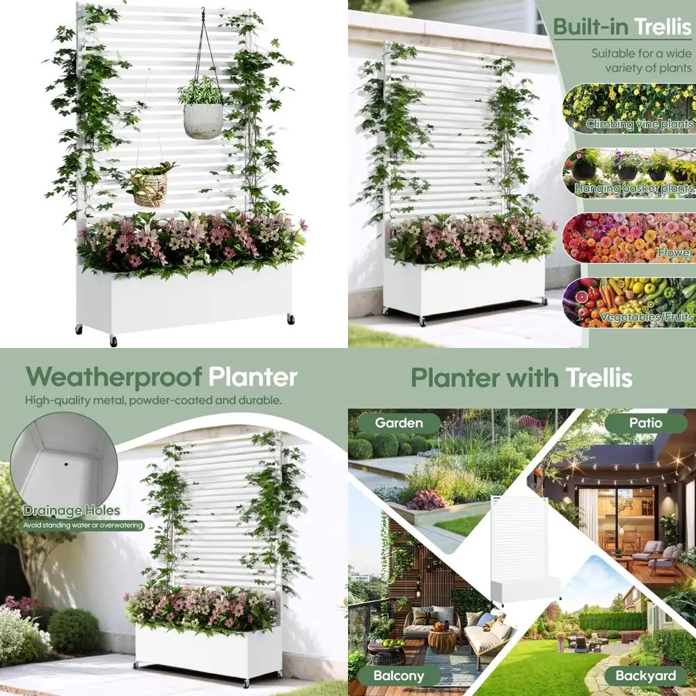 

Raised Garden Bed with Trellis and Wheels, Metal Planter Box for Privacy Screen, Patio Planters with Wheels and Trellis Design