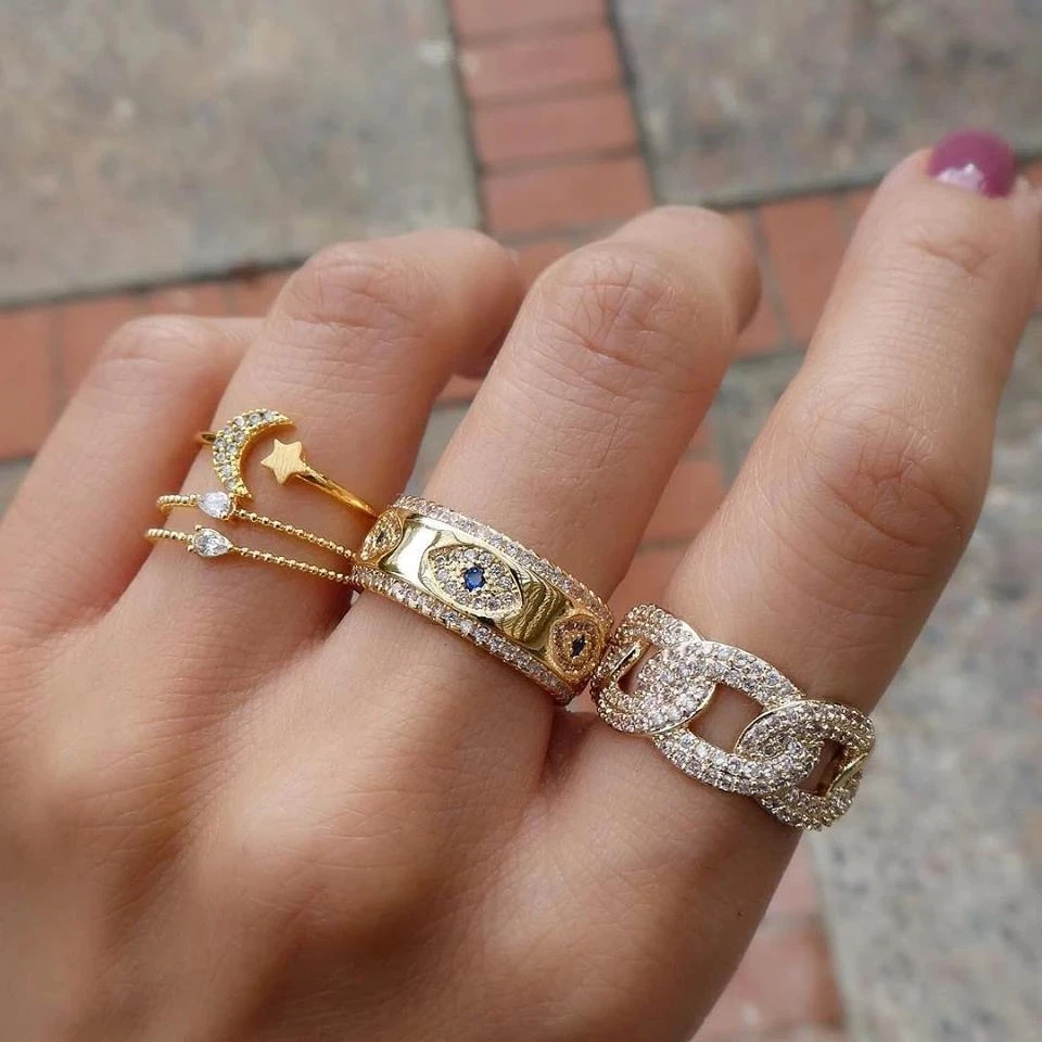 2026 High Quality Gold Color Evil Eye CZ Band Wide Engagement Ring For Women Dainty Fashion Stacking Stack Midi Finger Jewelry
