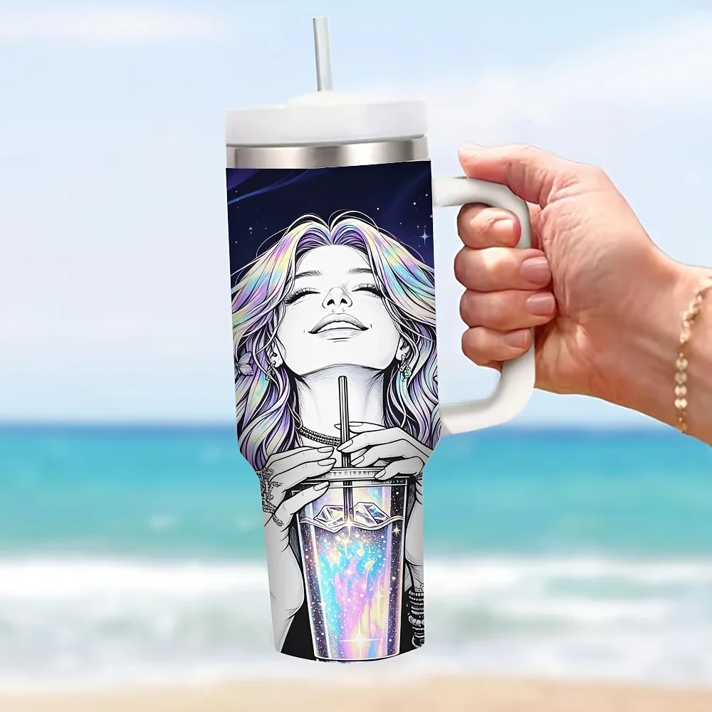 40Oz Tumbler with Handle And Straw, Printed Beautiful Woman Pattern with Words 