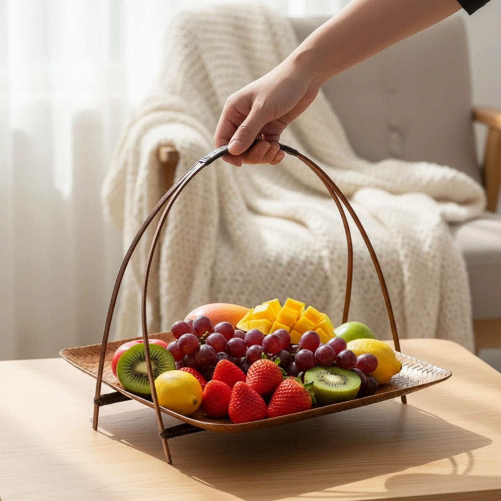 Bamboo Tray with Stand Rustic Woven Snack Platter Compact Decorative for Hosts, Tea Time, Tabletop