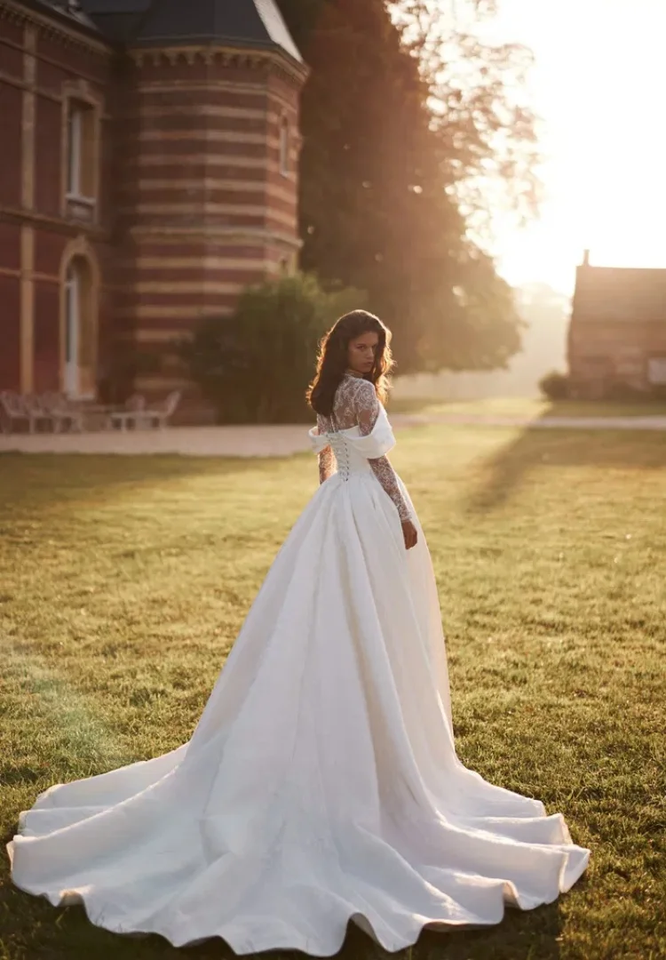 Baljurk Trouwjurken Voor Bruid Kanten Jurk Satijn Vestido De Novia Desmontables Lange Mouw Minimalista Vrouw Elegant Op Maat
