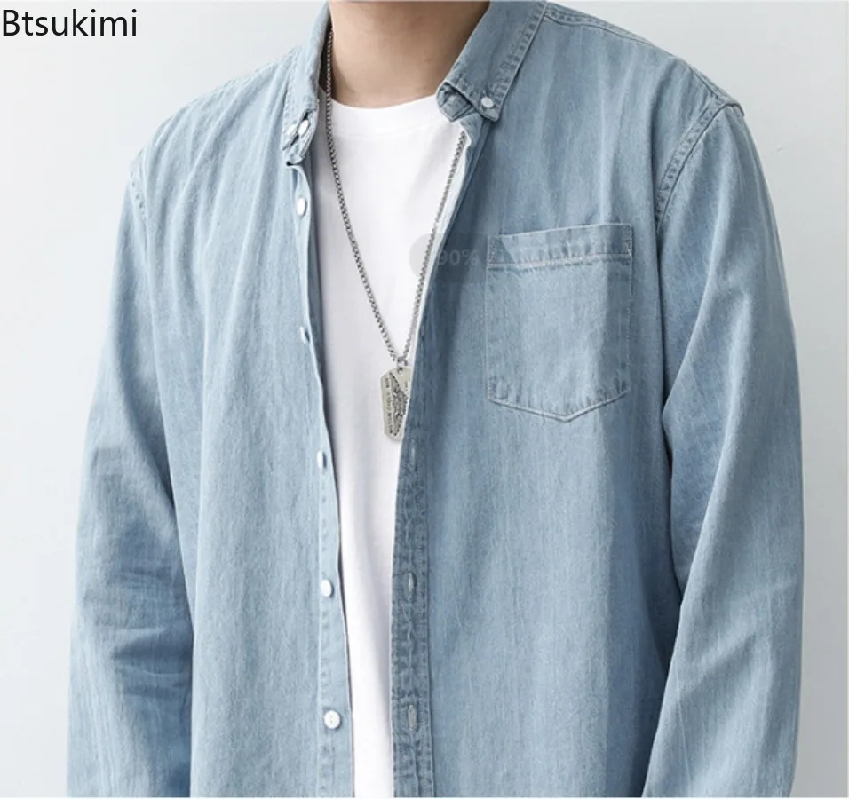 New Men's Long Sleeve Denim Shirts Spring Autumn Vintage All-match Casual Shirt Jackets Fashion Solid Loose Cotton Cargo Shirts