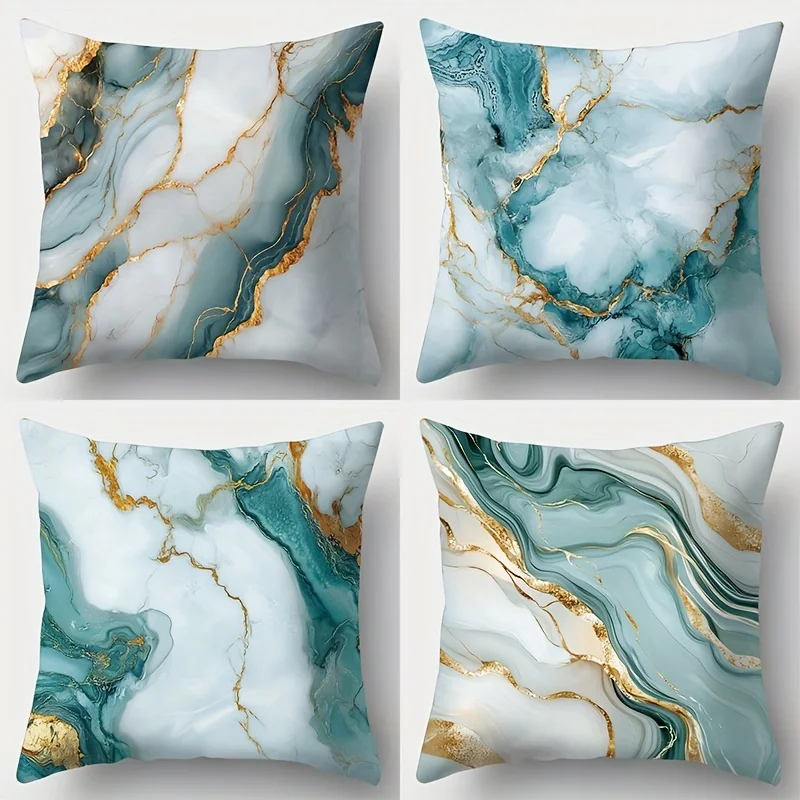 Juego de 4 fundas de almohada modernas con estampado en poliéster | Textura de lámina dorada y otros estampados, lavables a máqu