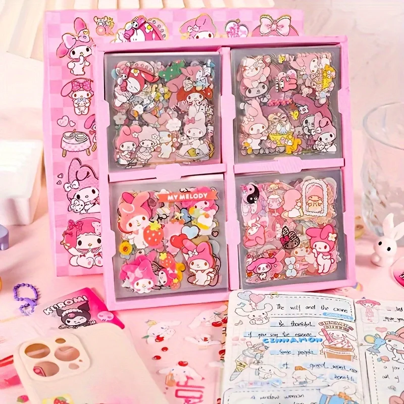 100 Stickers Set Sanrio , Waterproof Anime Animal Print, Self-Adhesive, Glitter, Plastic Surface, Reusable, Perfect Gift for Gir