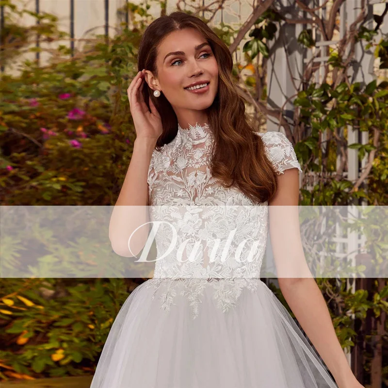 Darla Boho gaun pernikahan Tulle A-Line, gaun pengantin ilusi sederhana renda applique kerah tinggi, lengan pendek lipit kustom