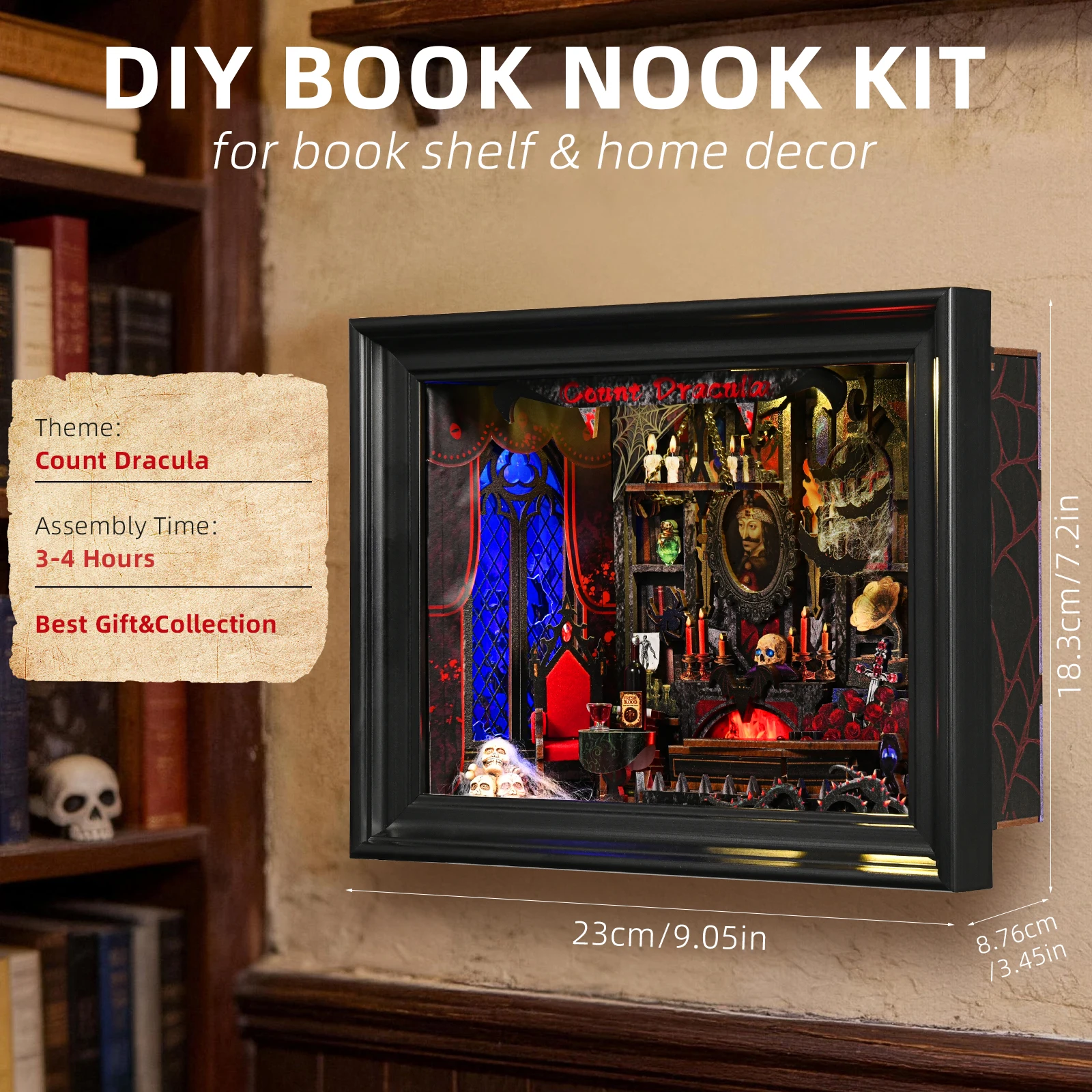 

Book Nook Kit Vampire DIY Wooden Puzzle Dracula Gothic style Halloween Bookshelf Dollhouse Model Bookend Building Home Dec