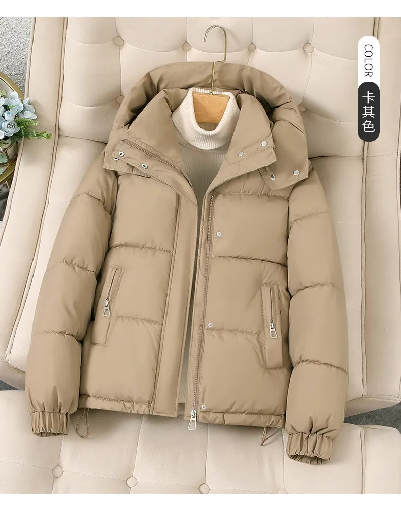 Hooded Thick Coat Short Length Urban Style with Loose Fit Long Sleeve Regular Sleeve Commuter Chic Zipper Closure Women Coats