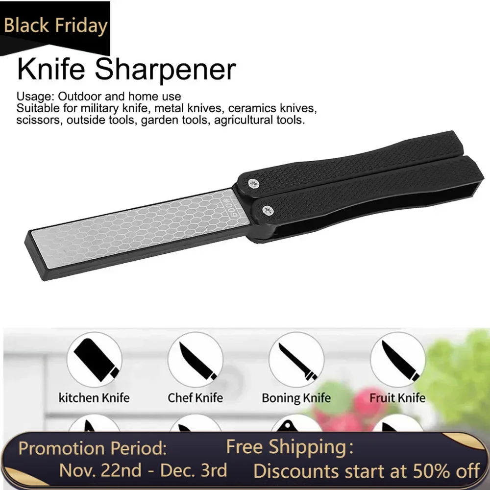 

Double Sided Knife Sharpener Portable Folding Portable AntiSlip Diamond Sharpener(Black )