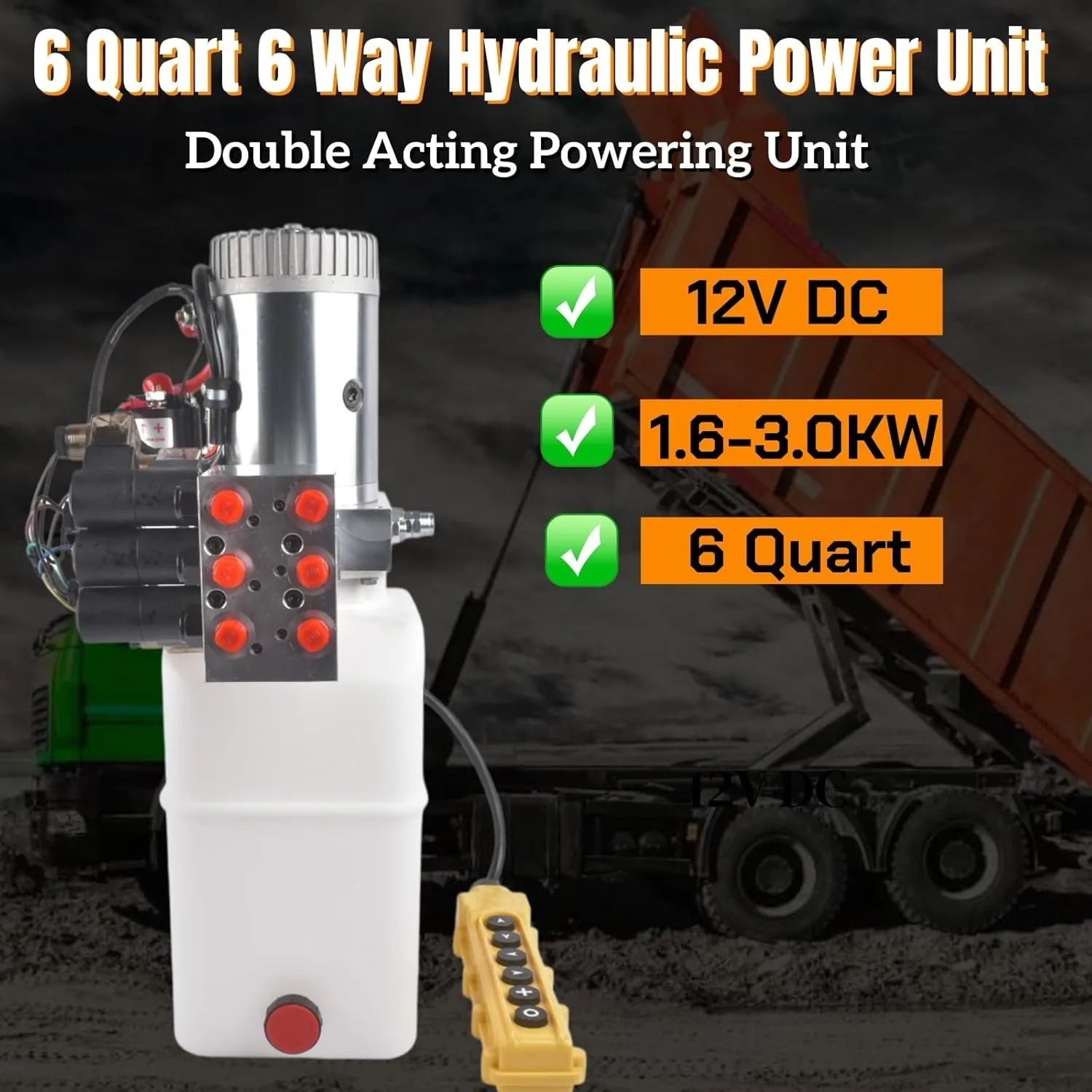 AP03 New 6 Way Double Acting Hydraulic Pump 12V DC 6 qt Dump Trailer Power Unit 3200 psi (220 bar) 1.5 gal (6 qt)
