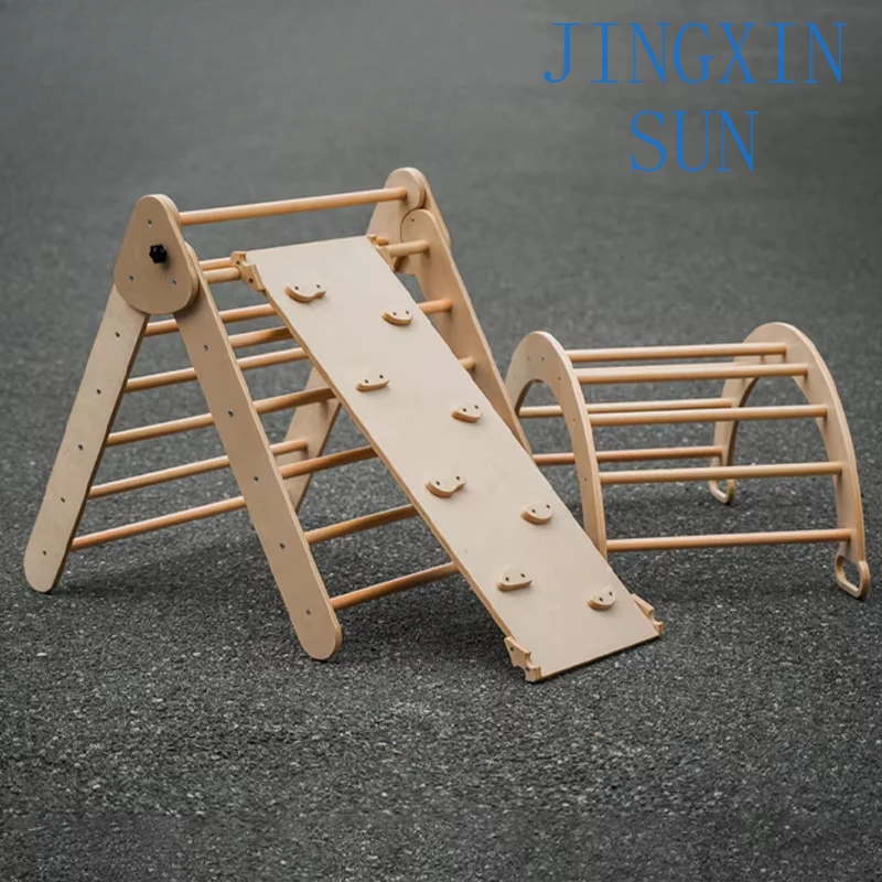 Wooden climbing triangle arch with ramp toy indoor play slide set for exercise