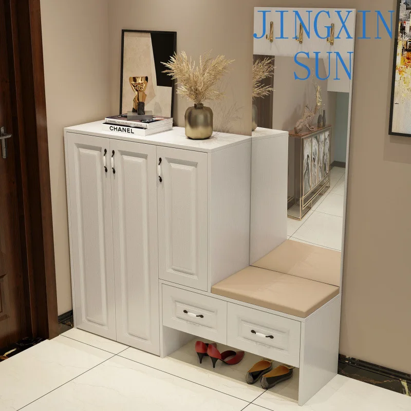 Simple modern shoe cabinet, foyer cabinet, entrance entrance, full-length mirror, locker, shoe changing stool, shoe rack