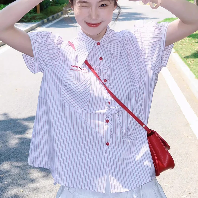 

Japan Sweet Striped Shirt Women Embroidered Lace Up Summer Casual Preppy Blouse Student Pink Loose All Match Fashion Female Tops