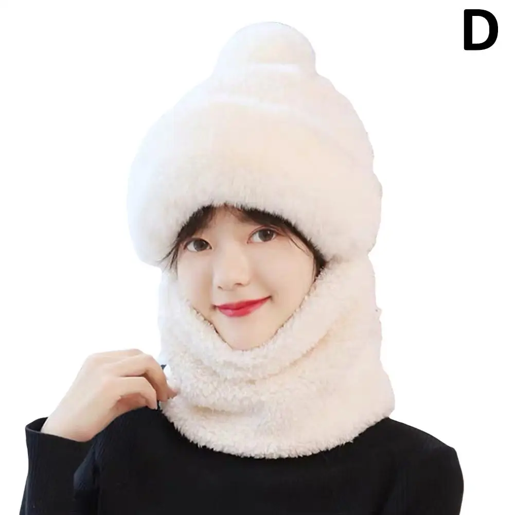 Gorro tejido para invierno, bufanda, máscara, gorros con pompón de felpa de una pieza para mujer, forro polar, gorro cálido, protección para el cuello y las orejas, esquí B2E3