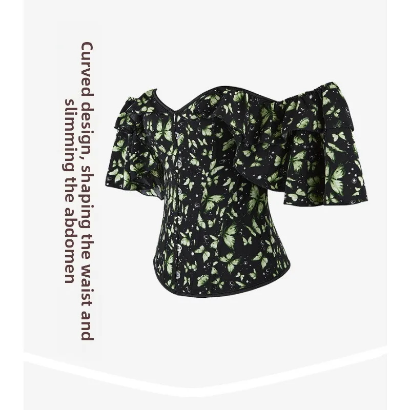 

Vintage Butterfly Print Off Shoulder Corset Ruffle Sleeve Slim Cottagecore Party Bustier Top