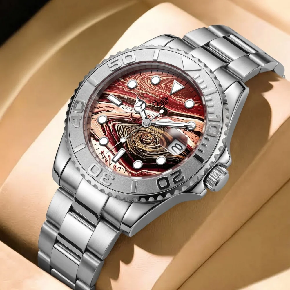 Men's Business Quartz Watch, Unique Swirl Art Texture Dial, Stainless Steel Strap, with Calendar Window, Luminous Hands, Rotatable Bezel, Waterproof and Scratch-Resistant, Fashionable Sporty Style, Suitable for Commuting and Outdoor Activities, Light Luxury and Elegant Men's Wristwatch