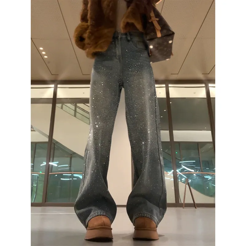 

Blue iny Star River Rhinestone Wide Leg Jeans Women's Loose Straight Floor-Length Pants Spring New Design Casual High Waist