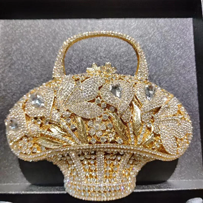 

Flower Basket Crystal Evening Bags Women Luxury Designer Elegant Bling Rhinestone Metallic Clutch Purses Wedding Party