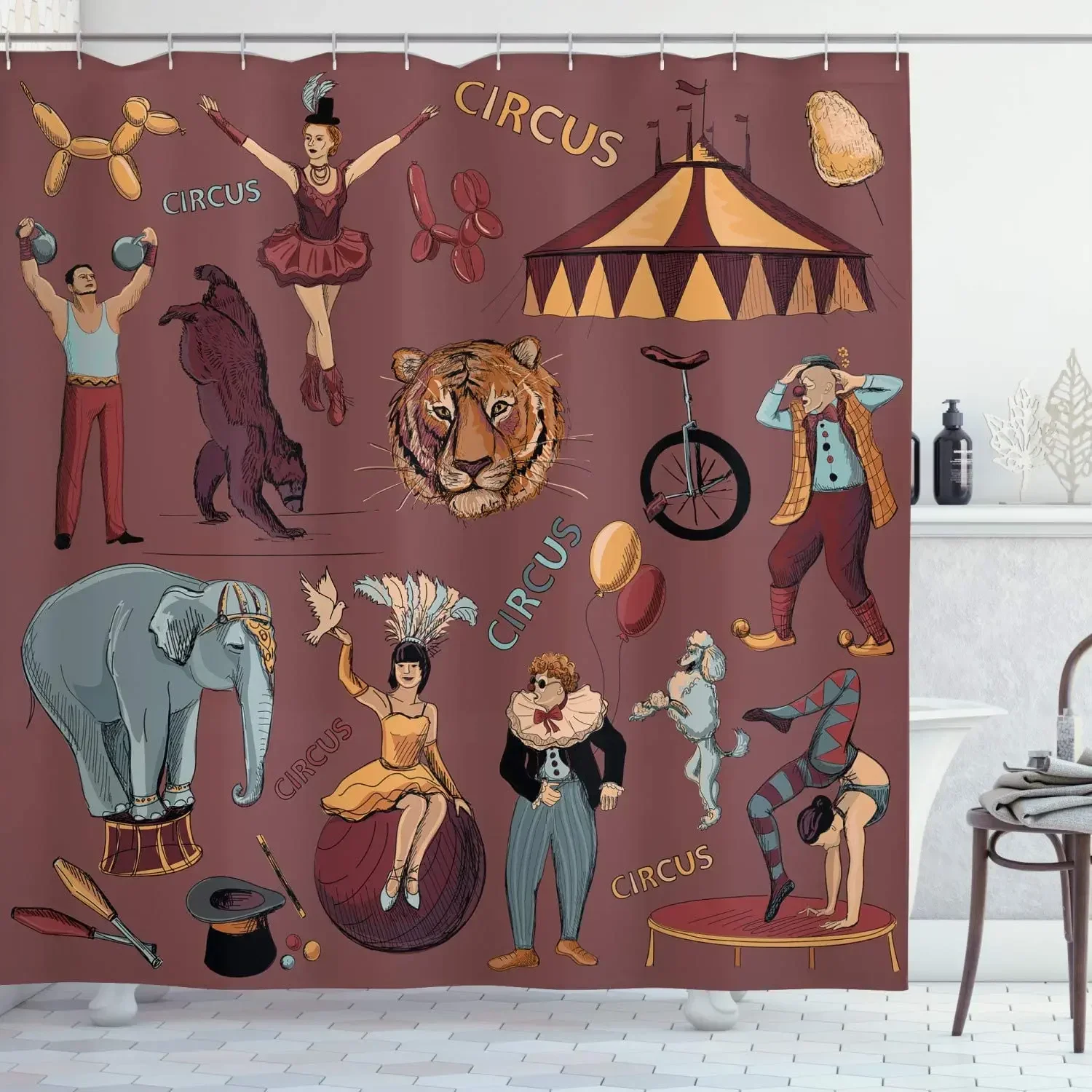 Vintage Retro Circus Print with Tent Tiger Head Balloons Dogs Art Fabric Bathroom Décor