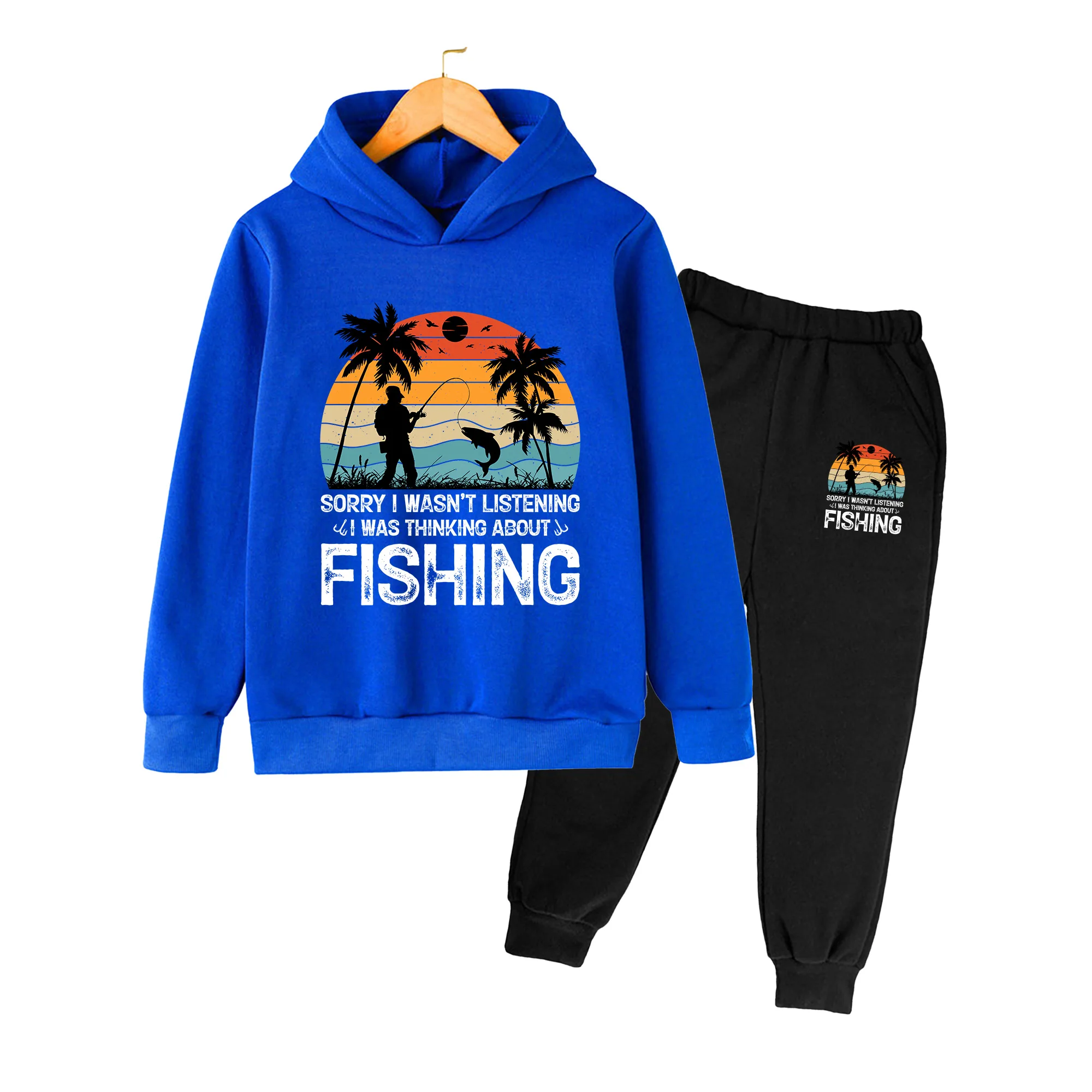 Kids Hoodie & Sweatpants Set, Tropical Fishing Print Casual Sportswear for Boys Girls, Beach Outdoor Daily Outfit